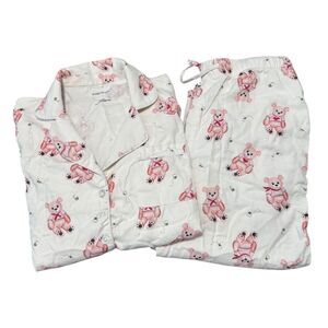 Posh Peanut Women's White Pink Teddy Bear Long Sleeve Button Up Pajama Set Small